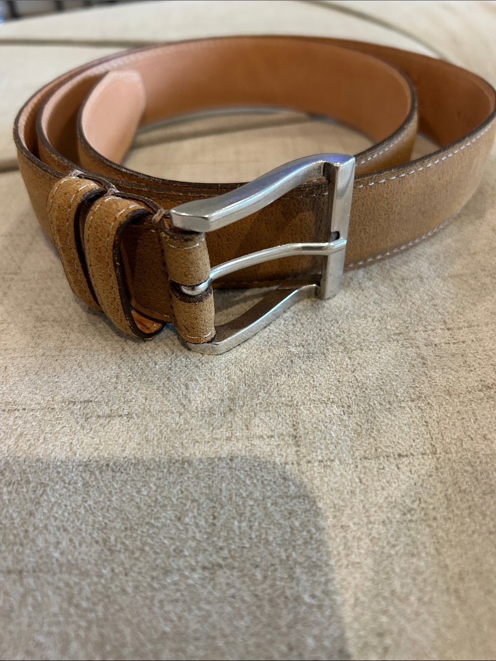 Martin Dingman Tan Suede Belt with Distressed Silver Buckle - Saddle Tan Color